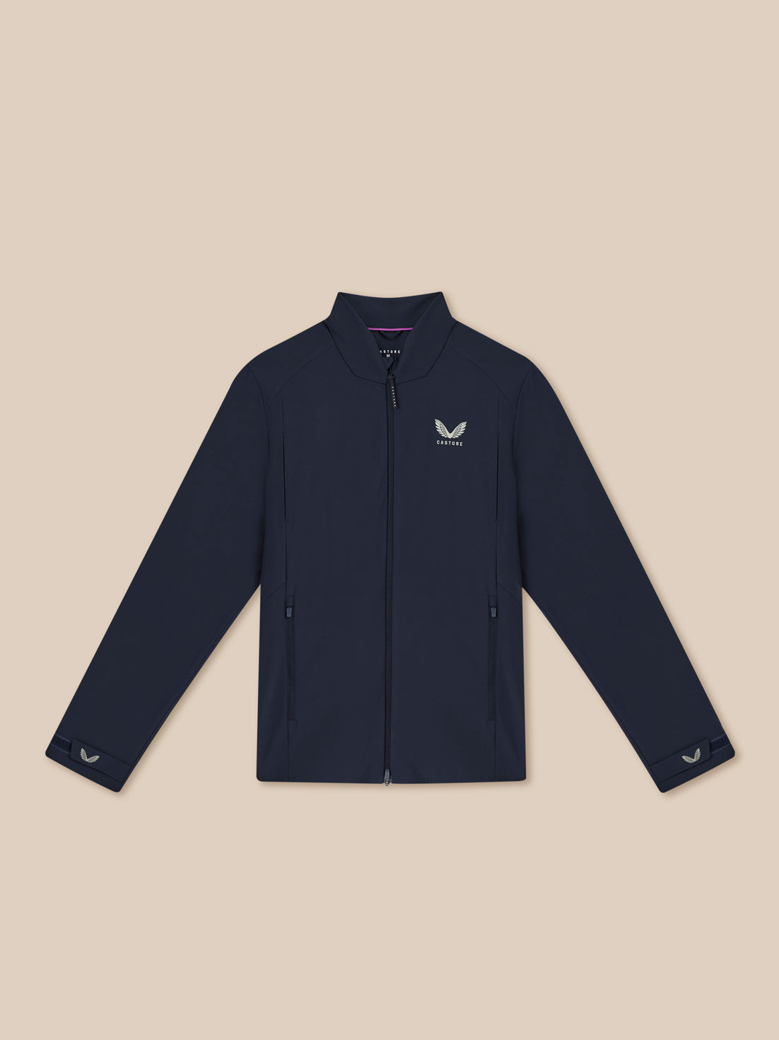 Navy Men’s Golf LVS Woven Jacket laid flat with front zipper, pockets and Castore emblem on chest