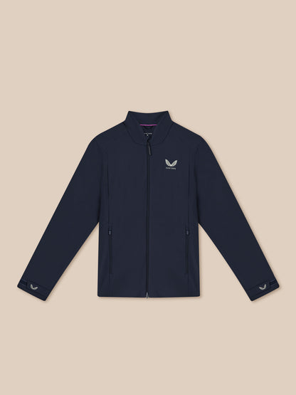Navy Men’s Golf LVS Woven Jacket laid flat with front zipper, pockets and Castore emblem on chest