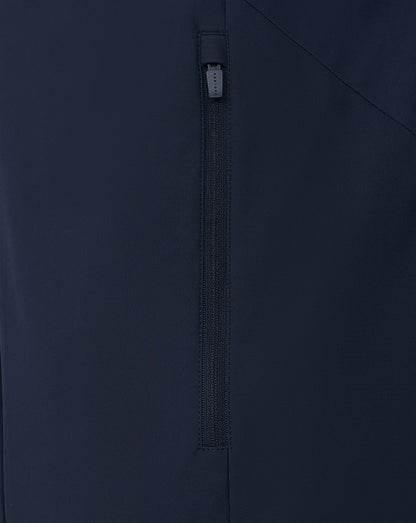 Close up of navy LVS jacket showing vertical zip pocket with dark pull