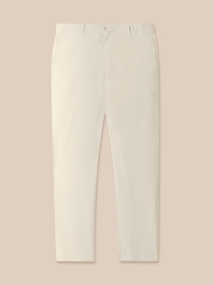 Cream men's golf trousers laid flat front view with button waist and belt loops