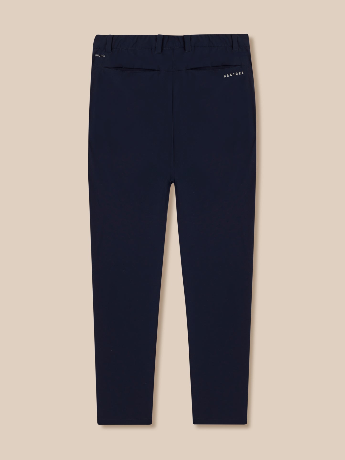 Navy men's golf trousers back view with Protek branding on left and Castore on right pocket