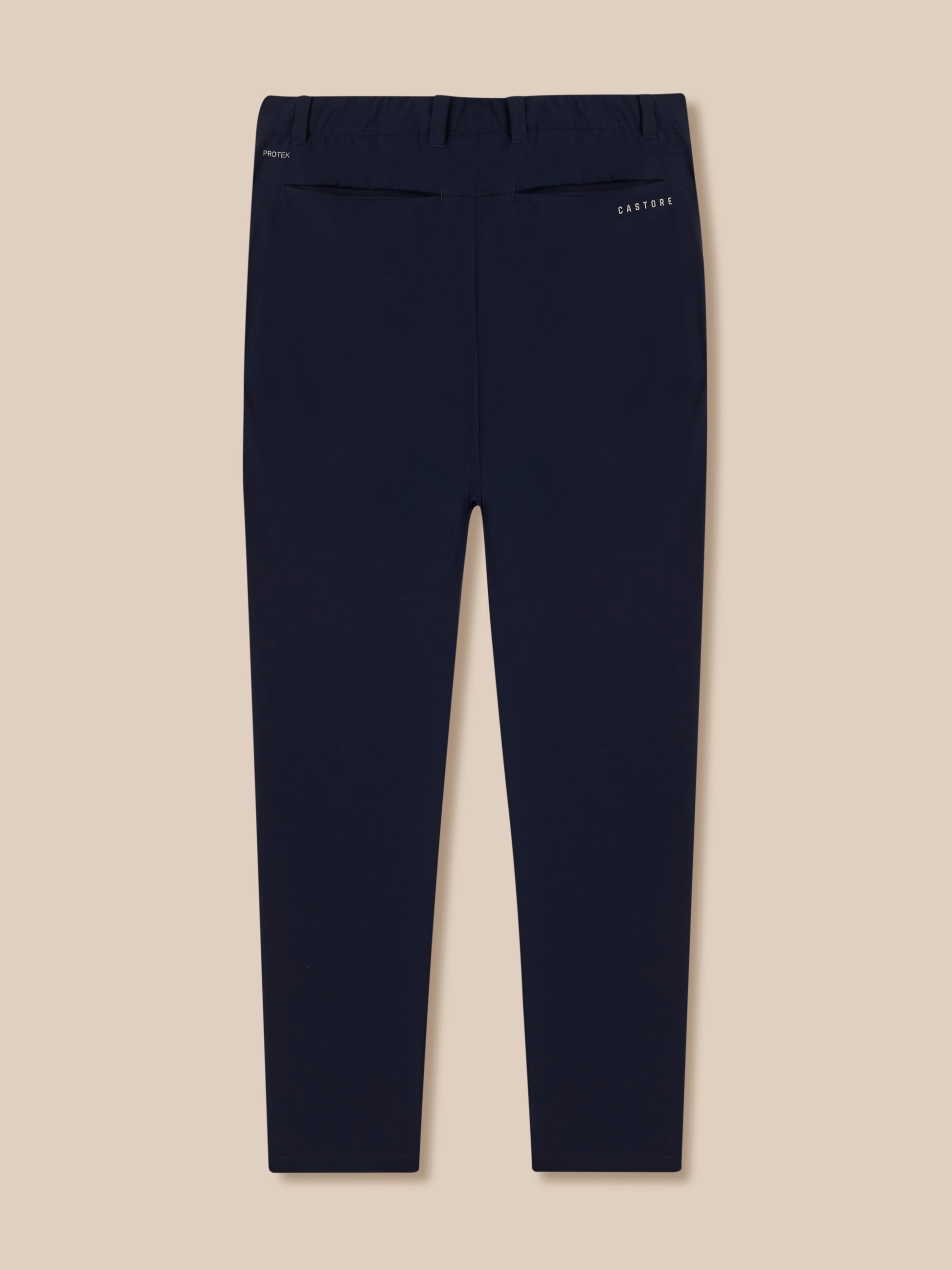 Navy men's golf trousers back view with Protek branding on left and Castore on right pocket