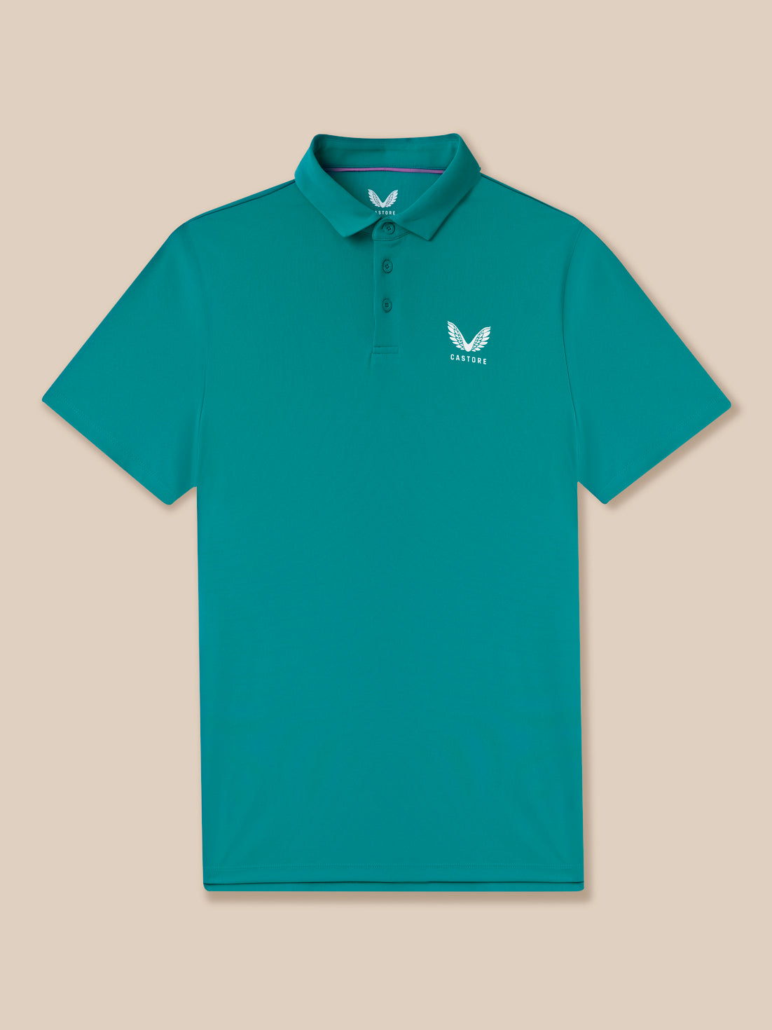 Teal polo shirt with a logo on a beige background