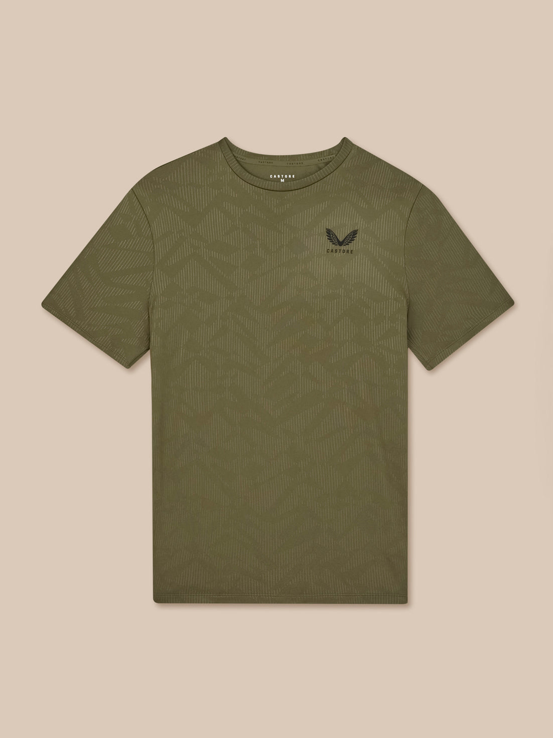 Green Castore Adapt All-Over Print Short Sleeve T Shirt front view with left chest logo and geometric pattern