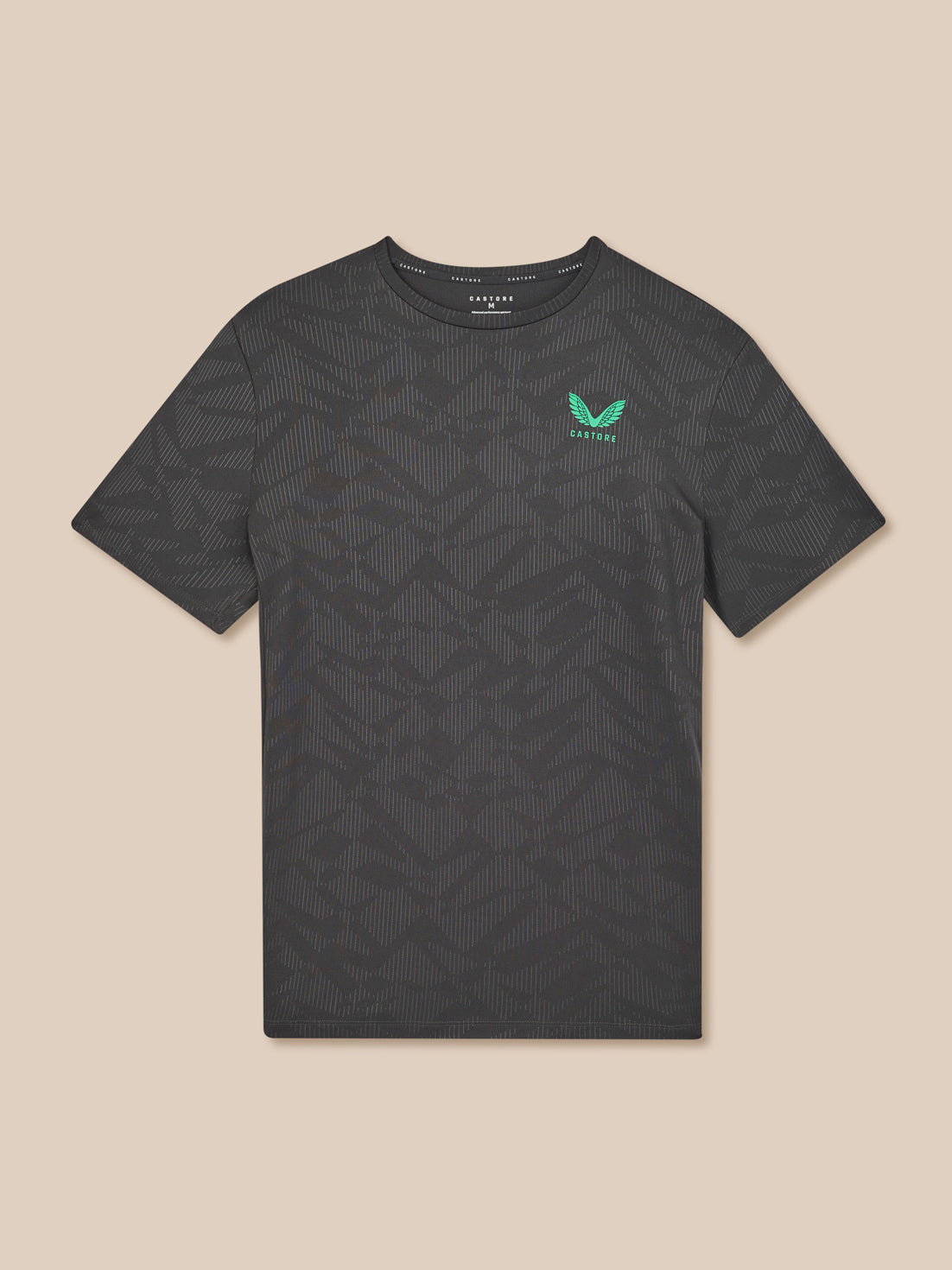 Gunmetal Castore Adapt All-Over Print Short Sleeve T Shirt with left chest logo and tonal geometric pattern