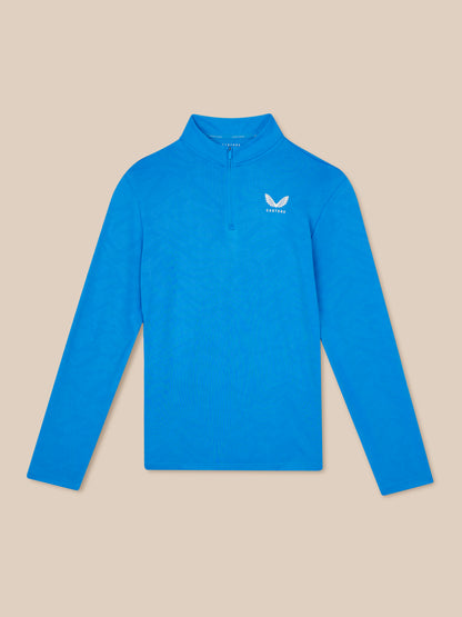 Blue men's Adapt All-Over Print Quarter Zip Long Sleeve Top with stand collar and chest Castore logo
