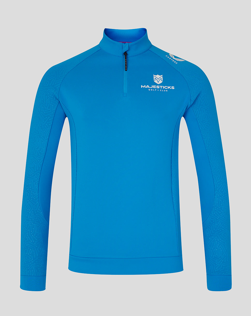 Royal blue Majesticks Flex quarter zip long sleeve top with stand collar and chest logo.