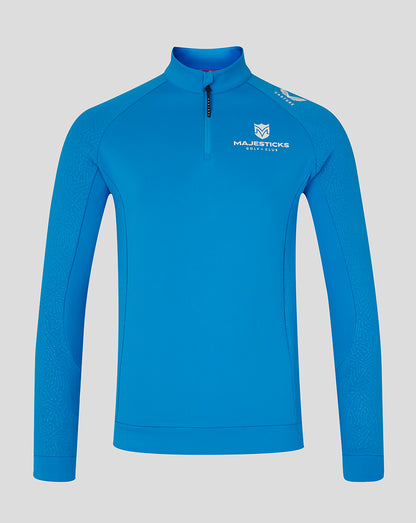 Royal blue Majesticks Flex quarter zip long sleeve top with stand collar and chest logo.