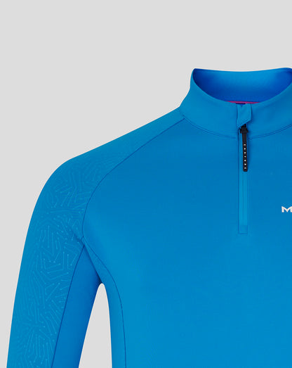 Front close-up of blue Majesticks golf club top showing stand collar and quarter zip with branded zipper.