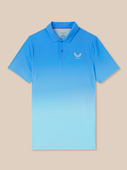 Blue gradient map print golf polo for men with a pointed collar, three buttons, and Castore logo on the left chest