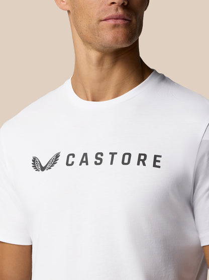 Close-up of a white Castore Graphic Lifestyle T-Shirt featuring the Castore wordmark on the chest