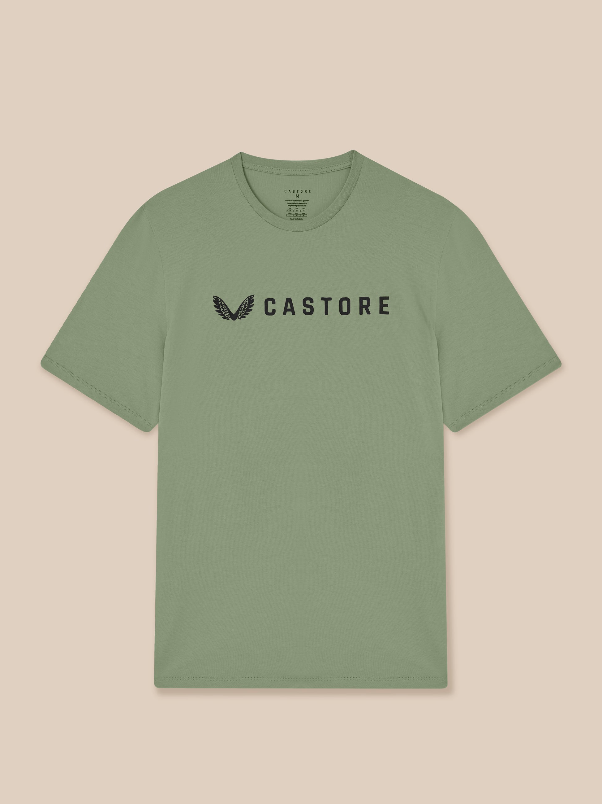 Front view of thyme green Castore short sleeve T shirt with logo on the chest