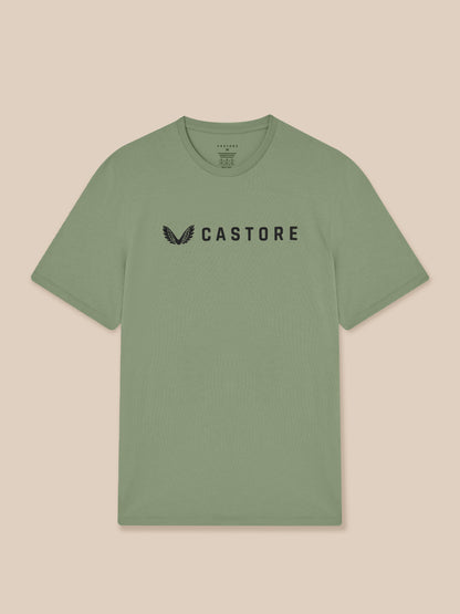 Front view of thyme green Castore short sleeve T shirt with logo on the chest