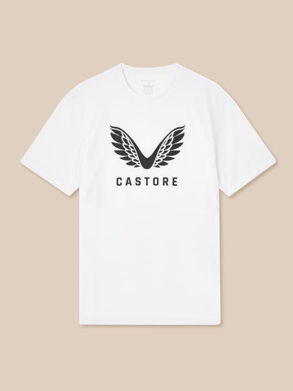 White T shirt featuring a large black wing emblem and Castore wordmark on the chest