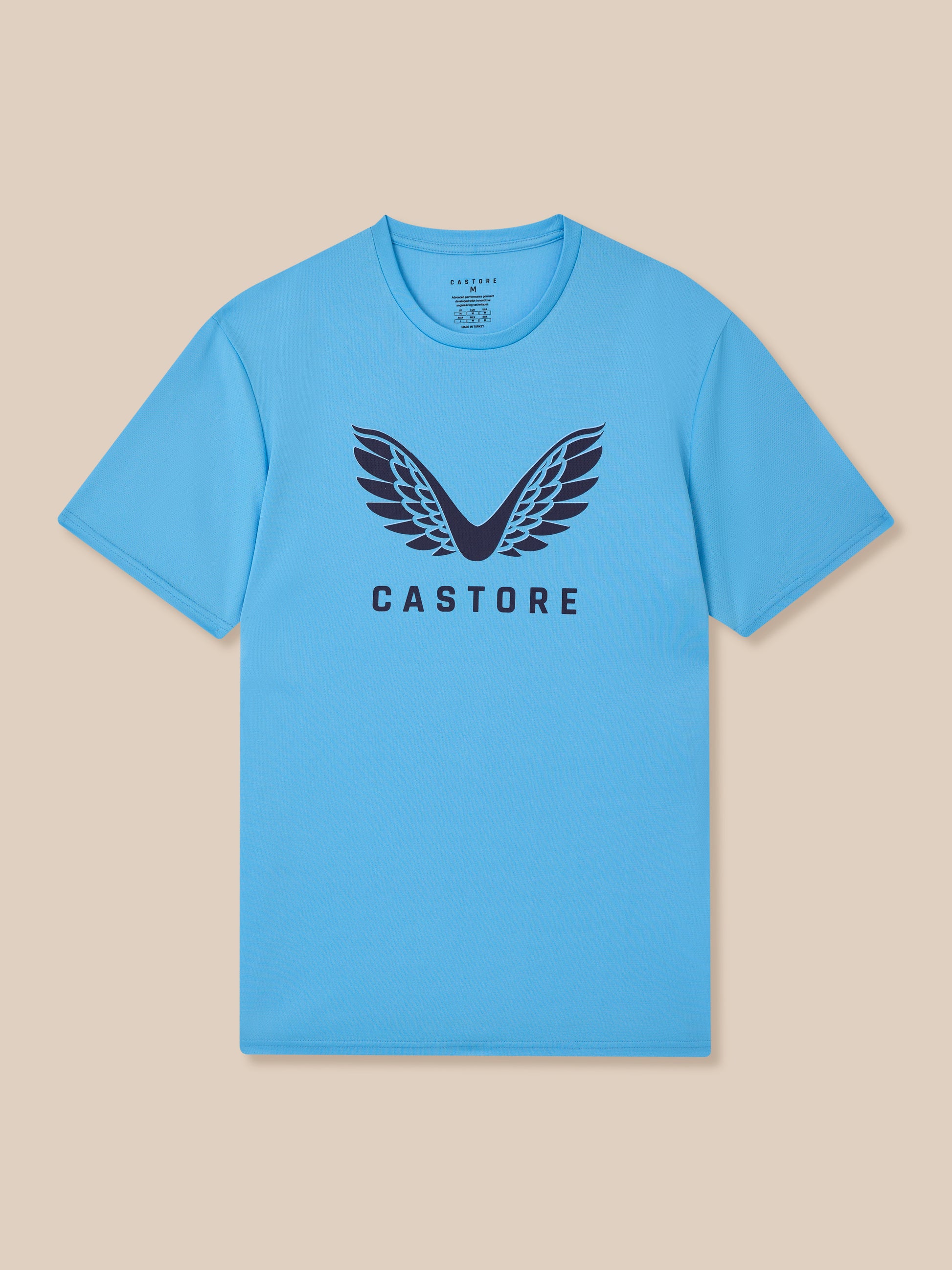 Torso-focused shot of a model in a light blue Castore Graphic Training T-Shirt showcasing the wing logo centered on the chest.