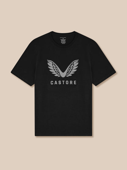 Black t-shirt with 'Castore' logo on a beige background