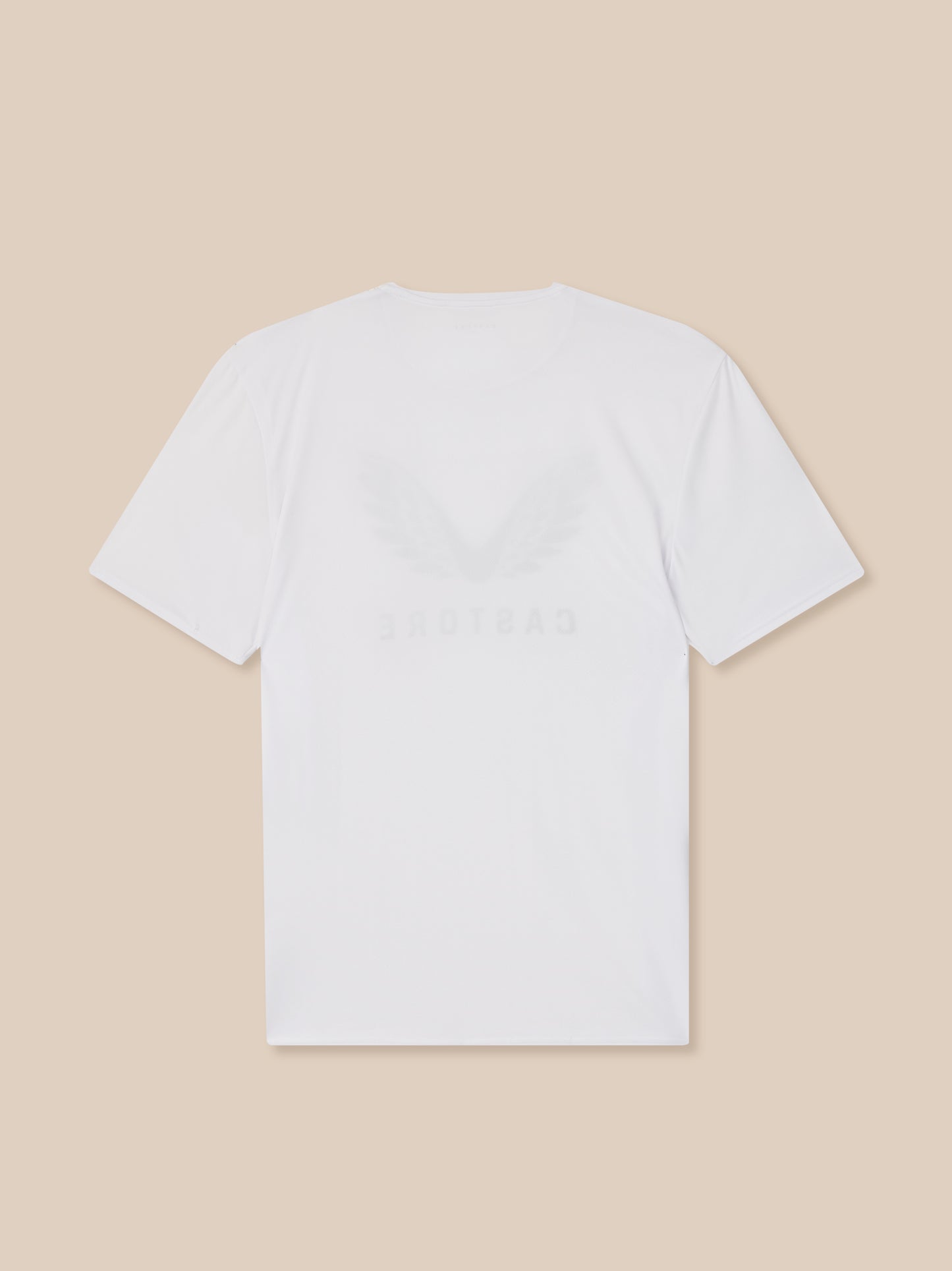 Back view of white men's Adapt Short Sleeve Graphic T Shirt showing clean fabric and a subtle lower back print