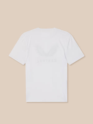 Back view of white men's Adapt Short Sleeve Graphic T Shirt showing clean fabric and a subtle lower back print