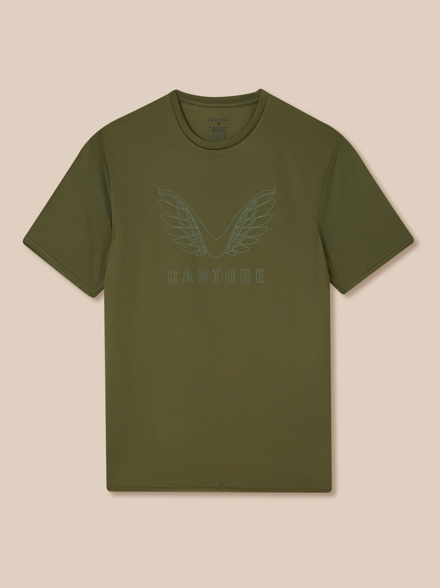 Olive green short sleeve training T-shirt with a light blue wing graphic and Castore branding on the chest
