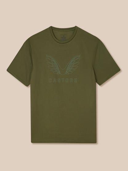 Olive green short sleeve training T-shirt with a light blue wing graphic and Castore branding on the chest