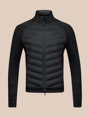 A black men's zip-up puffer jacket with a high stand-up collar and contrasting black sleeves, shown on a solid beige background.