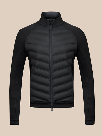 A black men's zip-up puffer jacket with a high stand-up collar and contrasting black sleeves, shown on a solid beige background.