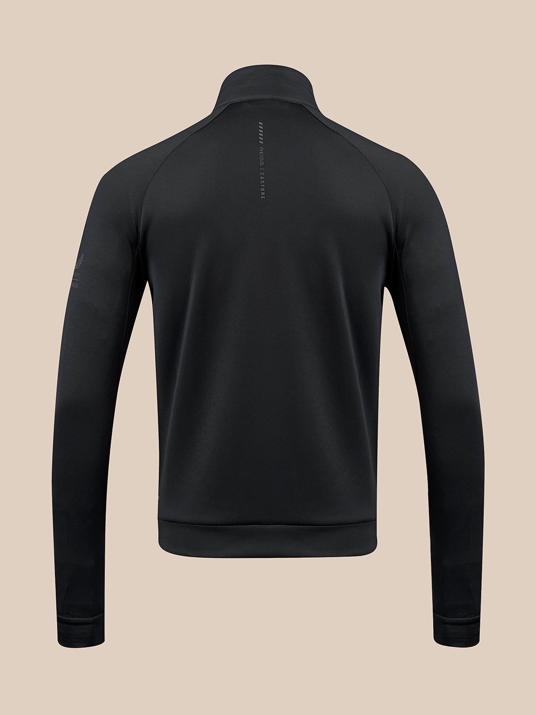 A black long-sleeve quarter-zip pullover shown from the back, featuring a high collar and a small vertical brand text print on the upper back, set against a solid beige background.
