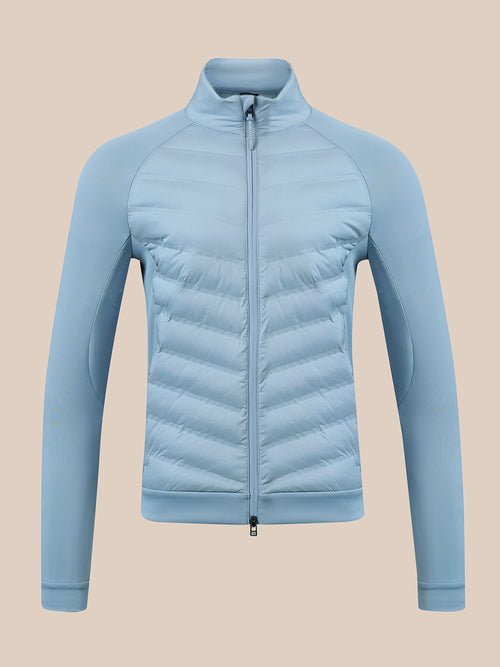 A light blue lightweight zip-up jacket with a stand-up collar and horizontal quilted puffer panels on the front, shown on a solid beige background.