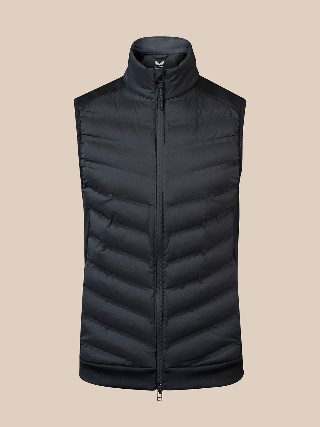 Black padded gilet with chevron quilting and front zip