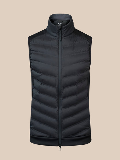 Black padded gilet with chevron quilting and front zip