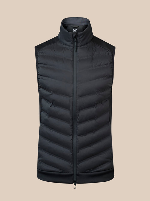 Black padded gilet with chevron quilting and front zip