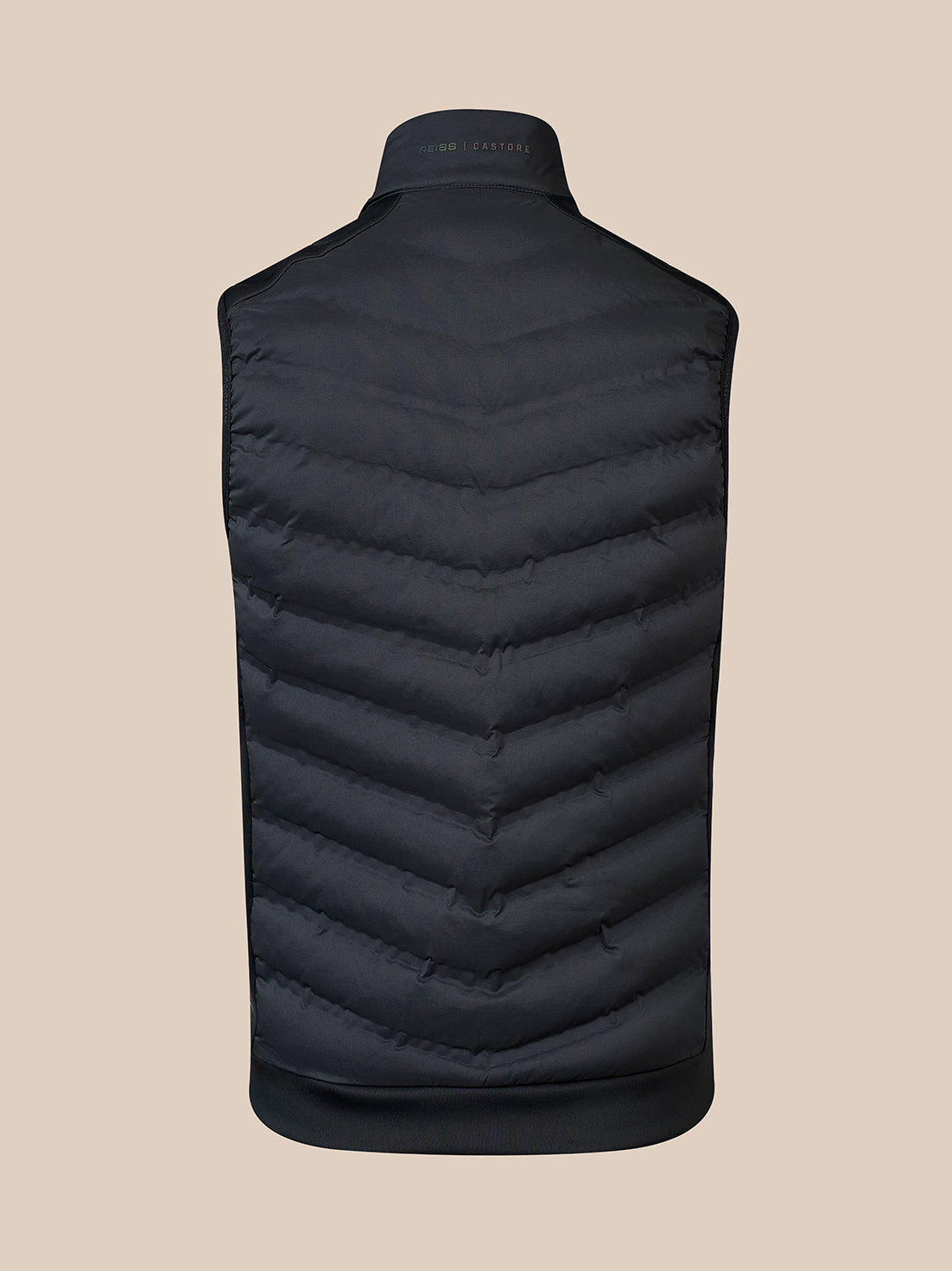 Back view of a black padded gilet with chevron quilting and stand collar