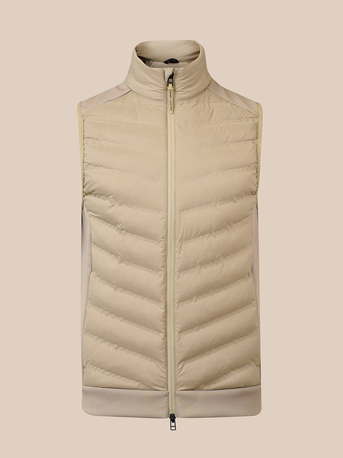 A sleeveless beige puffer vest with a high stand-up collar and front zipper, shown against a solid beige background.