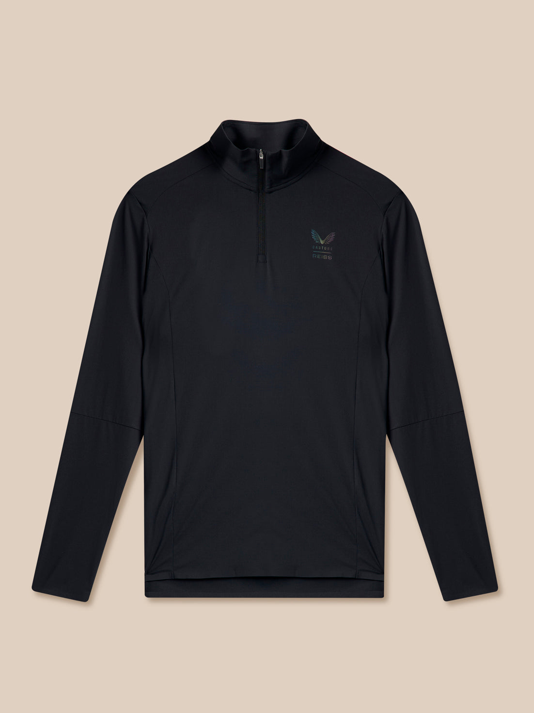 Black long-sleeve pullover with a small logo on a beige background