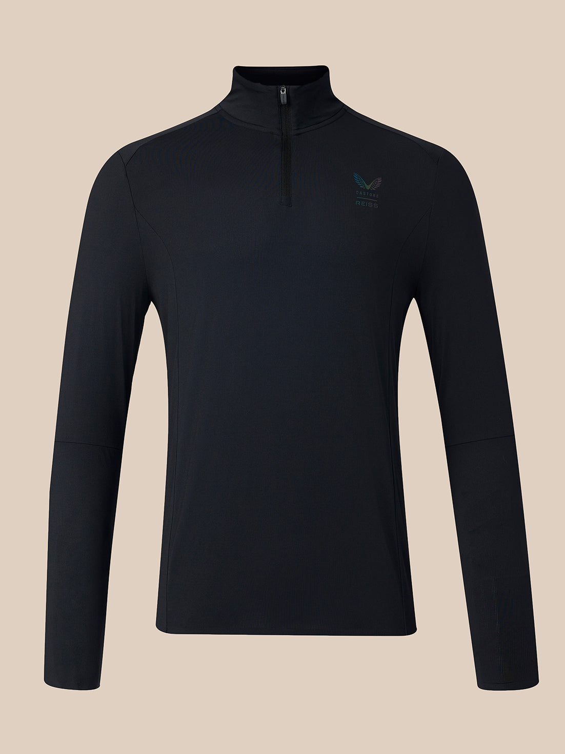 A black long-sleeve quarter-zip pullover top with a small embroidered logo on the left chest, displayed on a solid beige background.