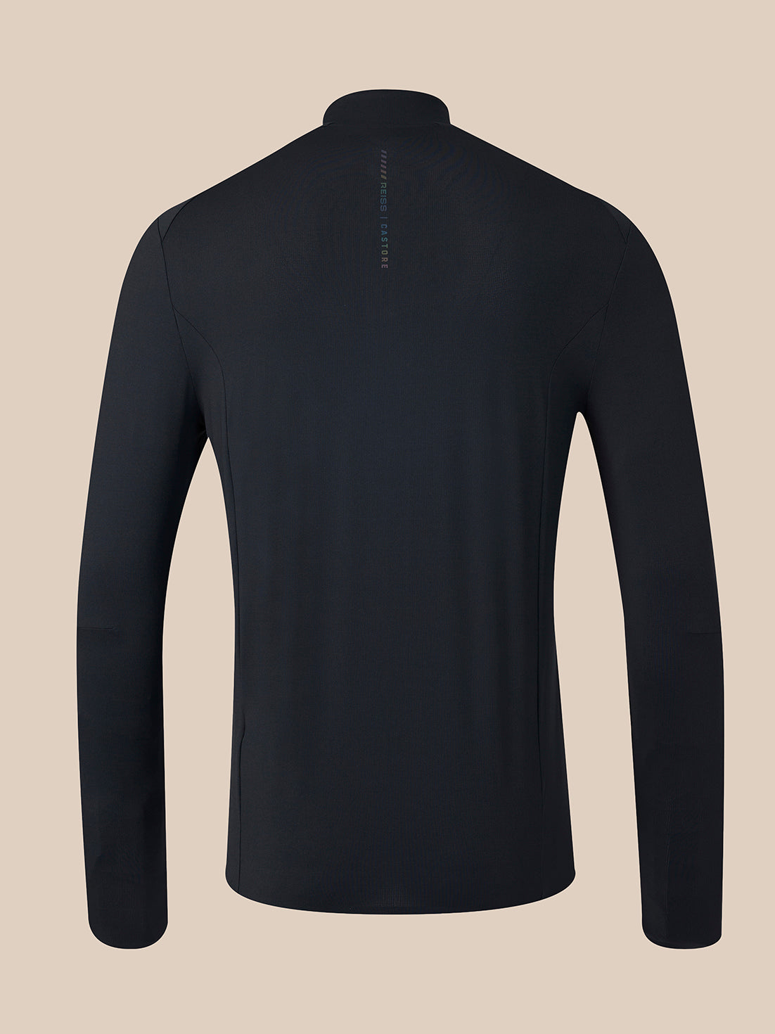 A black long-sleeve athletic quarter-zip pullover shown from the back, featuring a small vertical brand logo on the upper back, set against a solid beige background.