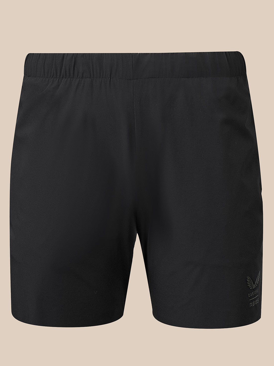Back view of black 5 inch deep split shorts with an elastic waistband and small branding on the lower right