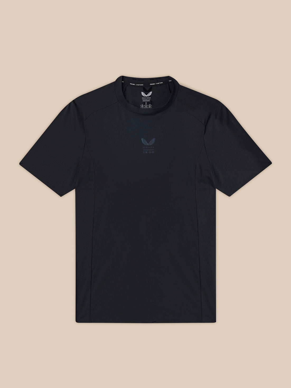 Black t-shirt with a logo on a beige background
