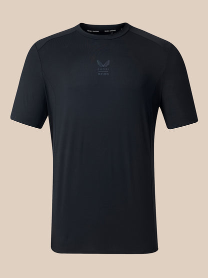 A black short-sleeve athletic t-shirt with a subtle tonal logo on the center chest, displayed against a solid beige background.