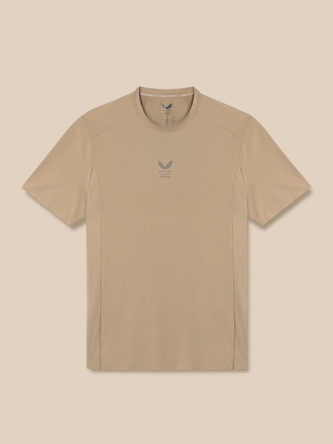 Beige t-shirt with a logo on a beige background