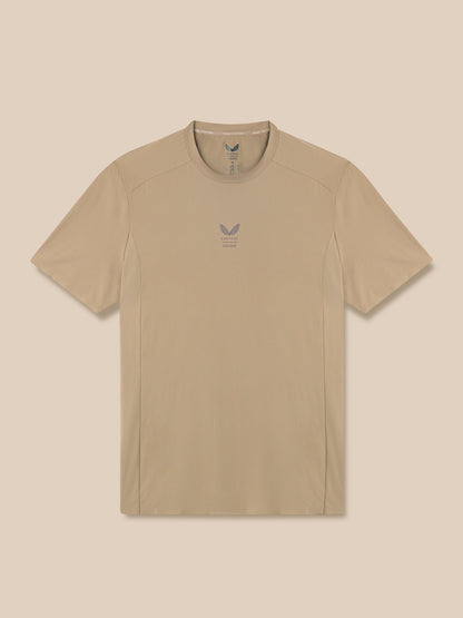 Beige t-shirt with a logo on a beige background