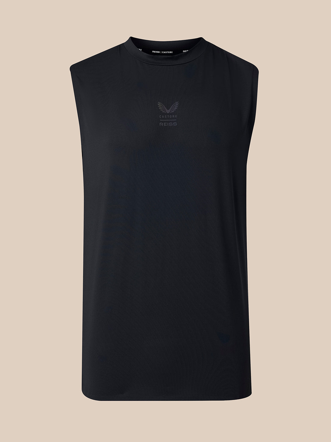 A sleeveless black athletic tank top with a subtle tonal chest logo, displayed on a solid beige background.