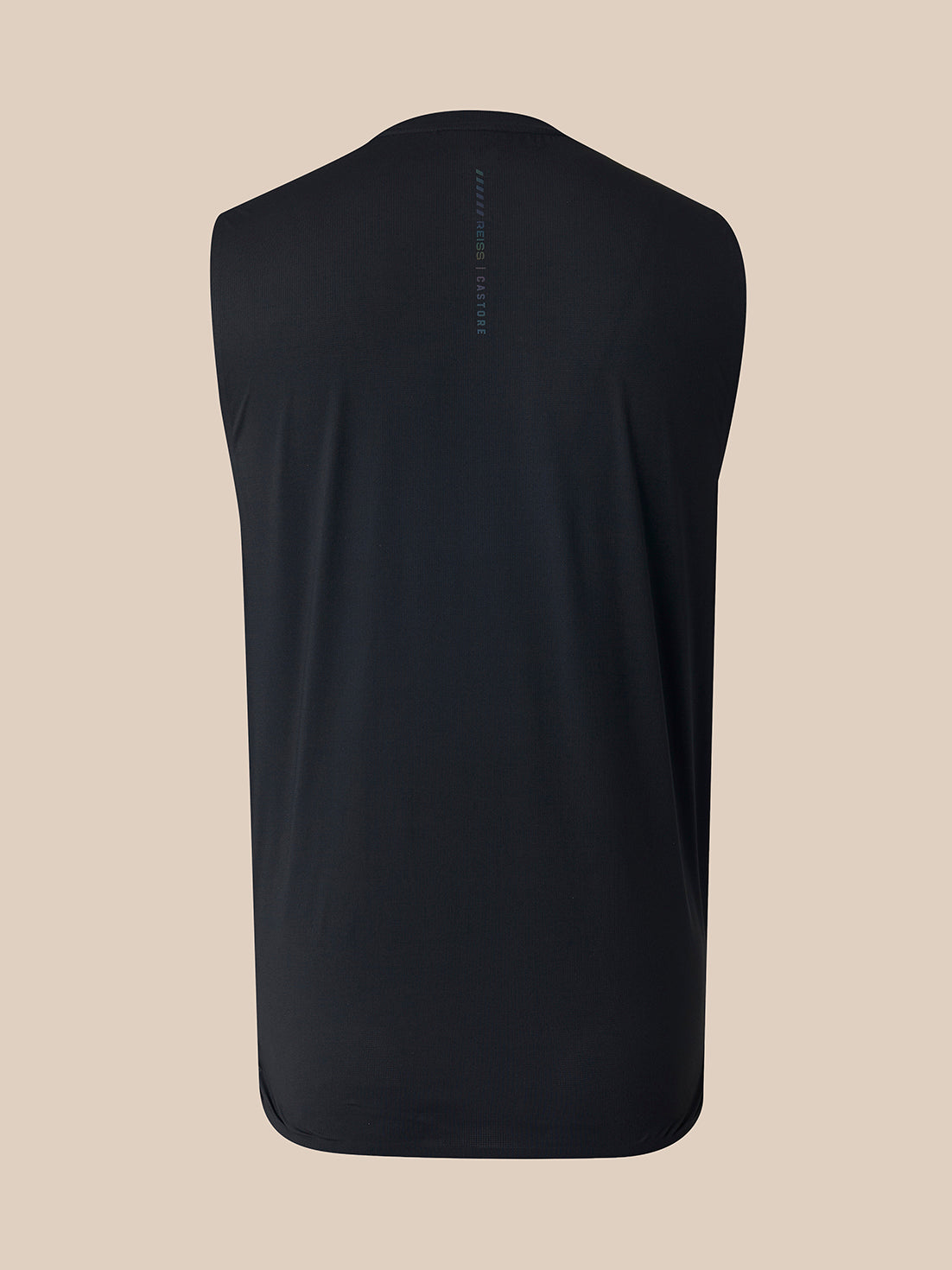 A black sleeveless athletic tank top shown from the back, featuring a small vertical brand logo printed in the center back, set against a solid beige background.