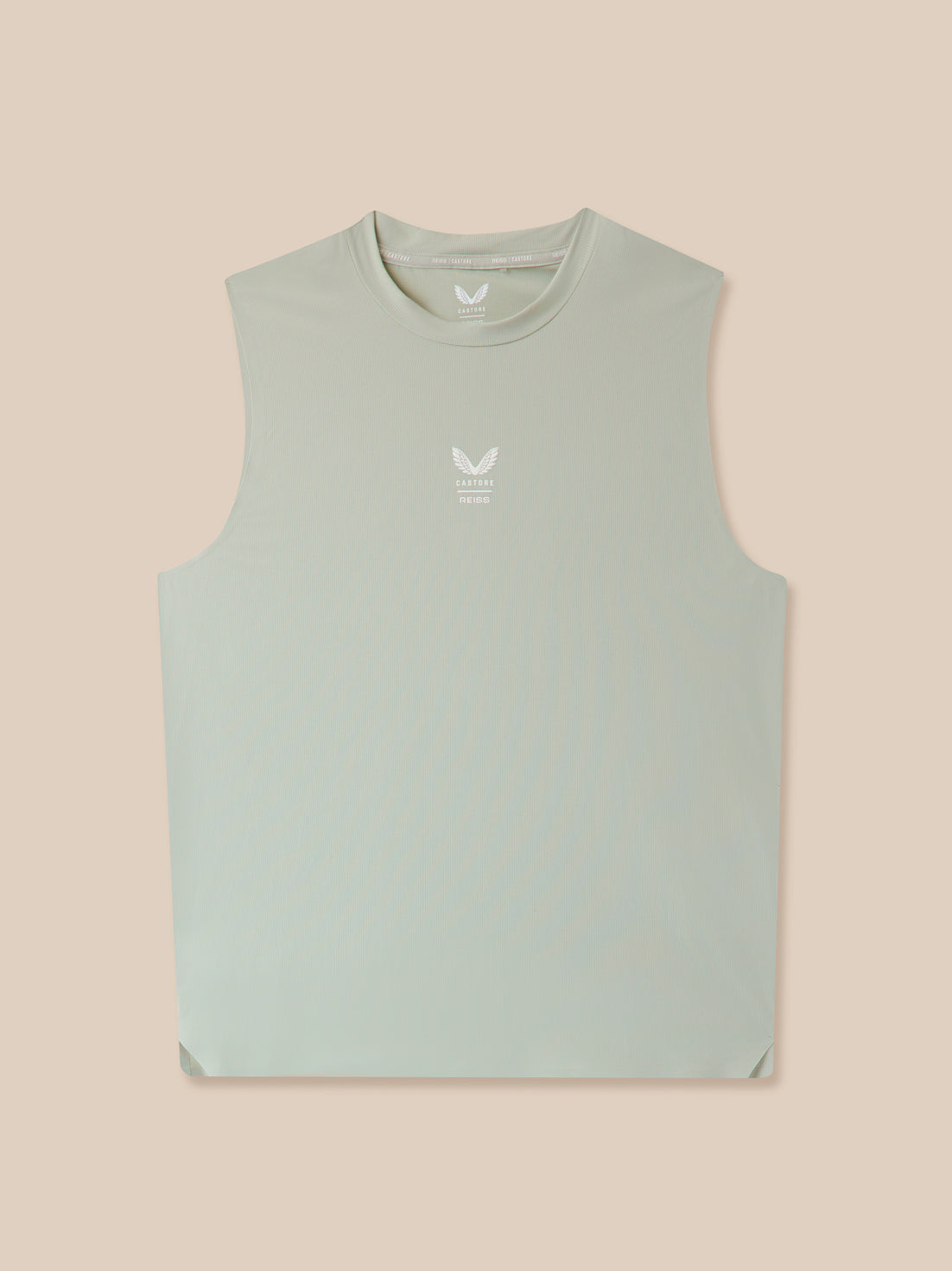 Sage green men's sleeveless performance vest laid flat with a small white logo at the chest.