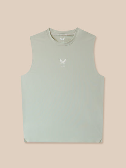 Sage green men's sleeveless performance vest laid flat with a small white logo at the chest.