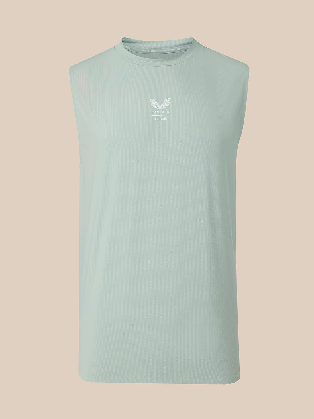 A sleeveless athletic tank top in a light mint green color, featuring a small white winged logo and text on the center chest, displayed against a solid beige background.