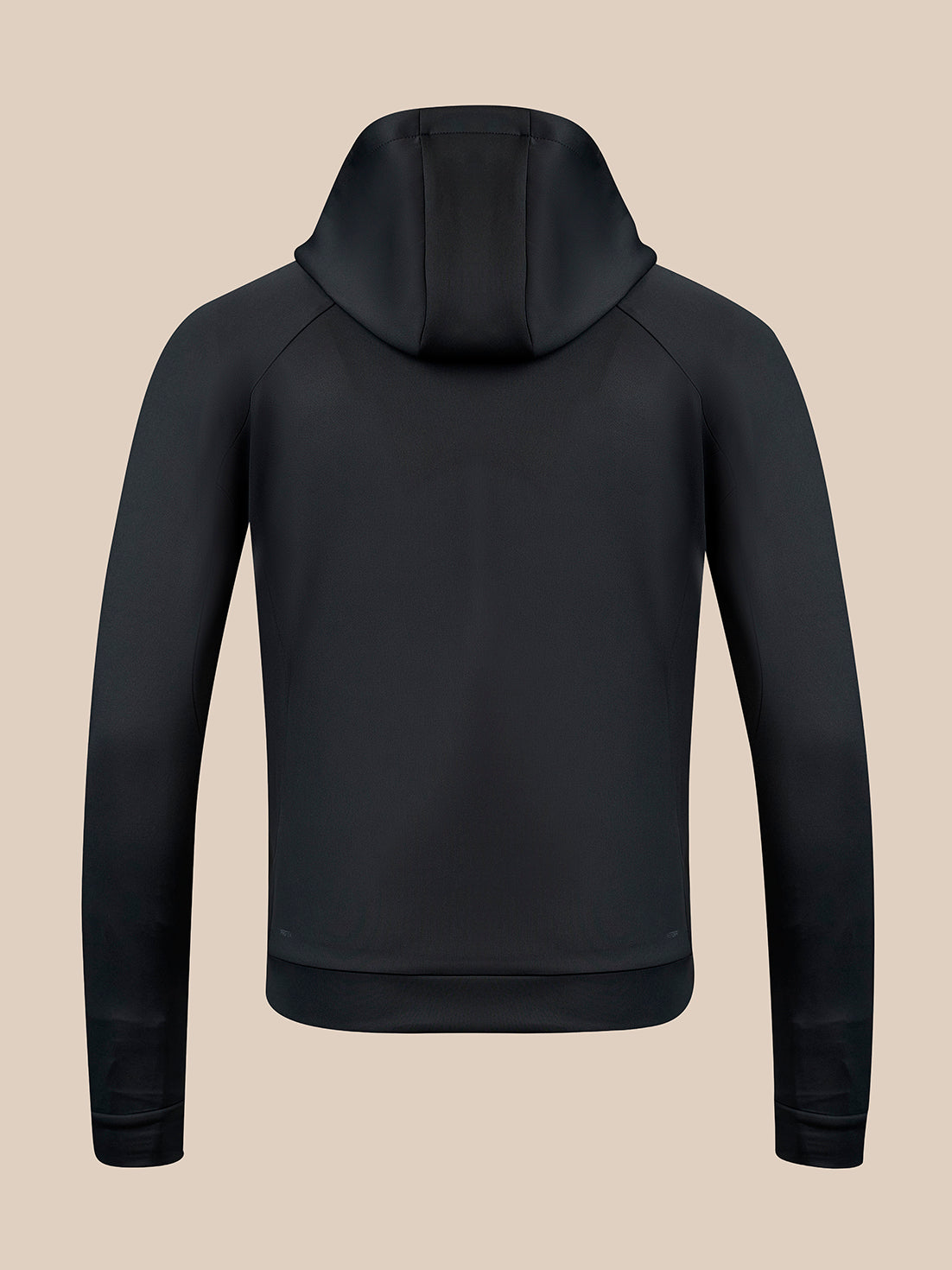 A black hooded sweatshirt shown from the back, featuring raglan sleeves and a ribbed hem and cuffs, displayed on a solid beige background.
