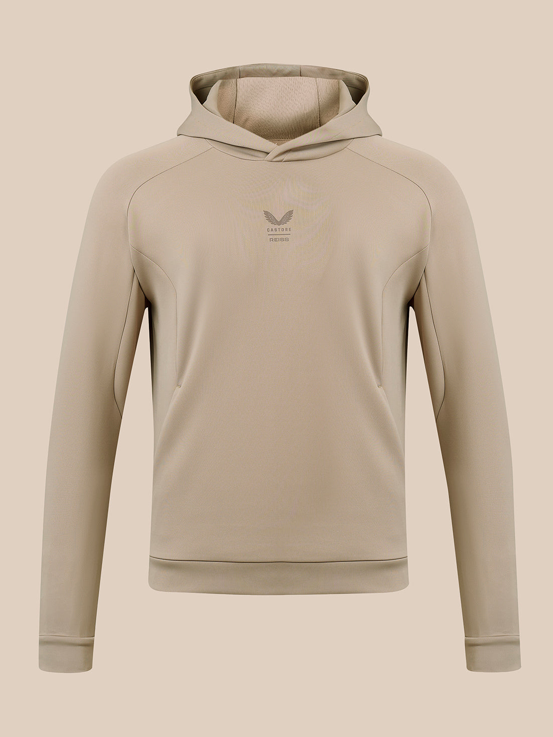 Dustwood colored Reiss Flex hoodie shown from the front with hood and small chest logo