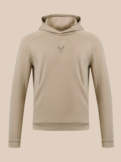 Dustwood colored Reiss Flex hoodie shown from the front with hood and small chest logo