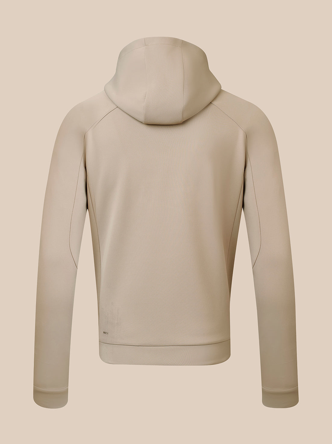 Back view of beige Dustwood Reiss Flex Hoodie with hood